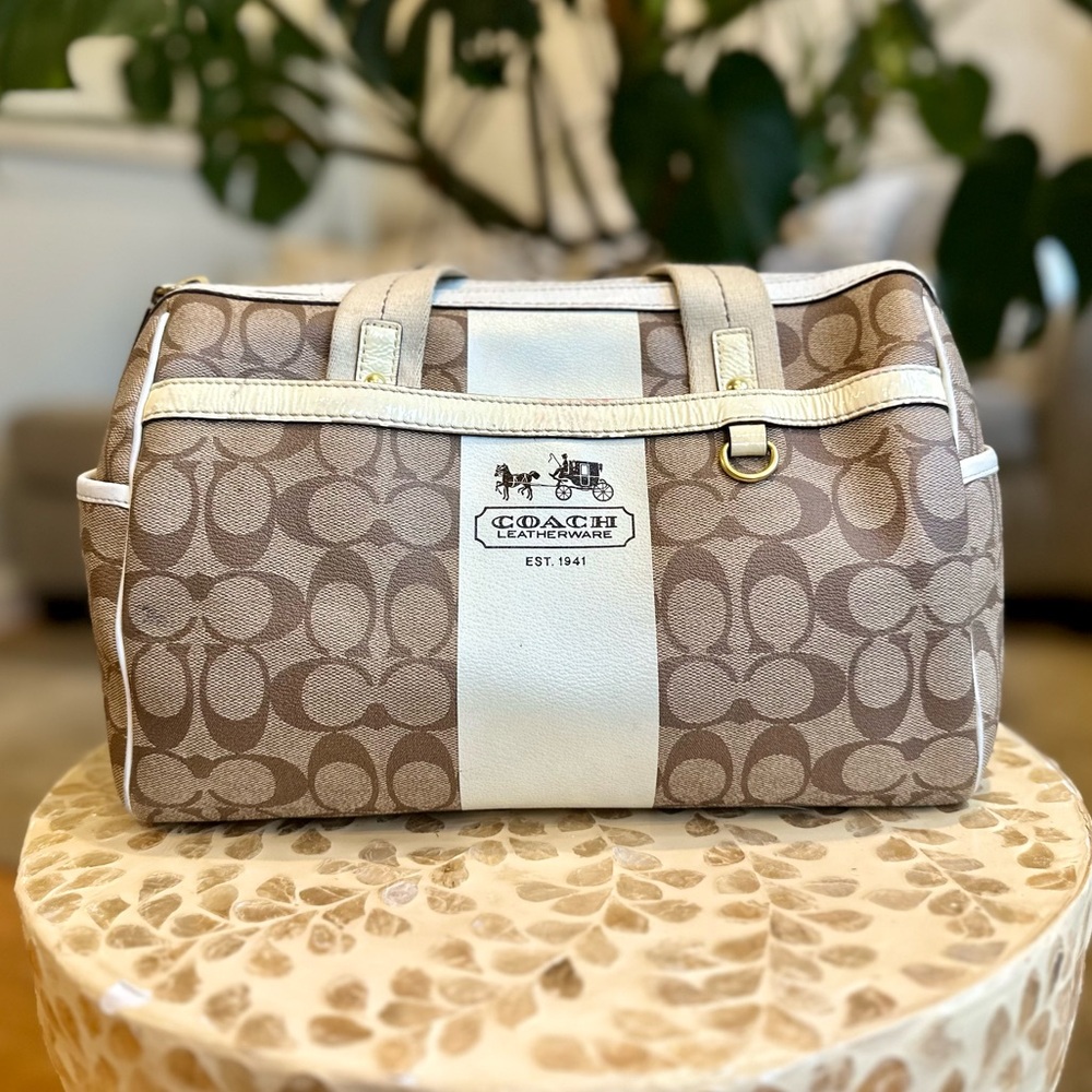 Coach Purse Leather & Signature C’s Cream/White, Brown, and Tan